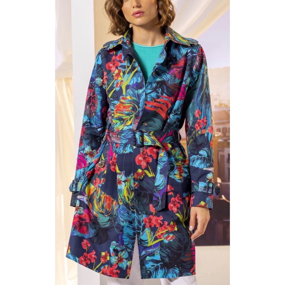 IVKO Woman Tropical Print Parka Trench Coat Blue Floral Belted Jacket Size 42 XL